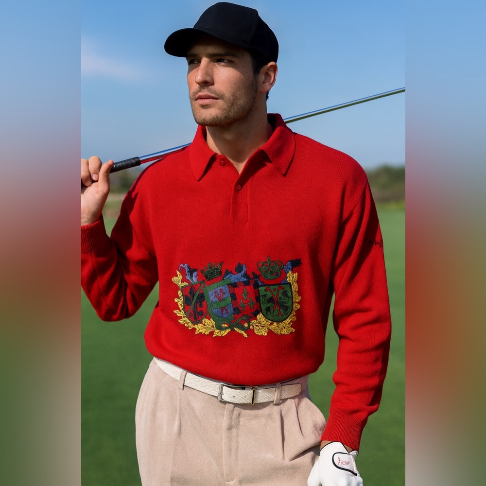 Vintage Pringle Red Wool Scottish Crest Sweater Polo Golf Heritage UK Designer